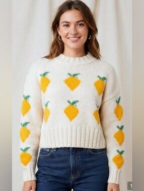 Daisy Street White Lemon Knit Crop Sweater Medium M